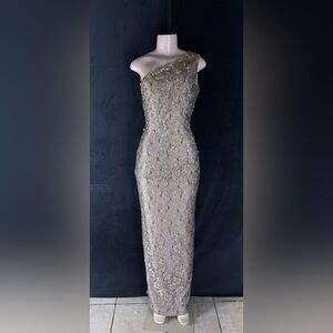One-Shoulder Metallic Lace Evening Gown - Gold